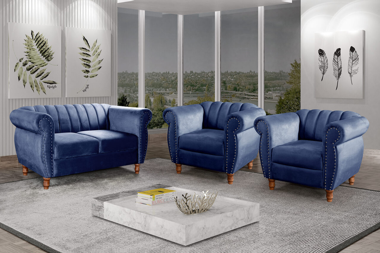 Conjunto Realeza Sofá com Poltronas Chesterfield Decoração Sala Recepção - Suede Azul Marinho