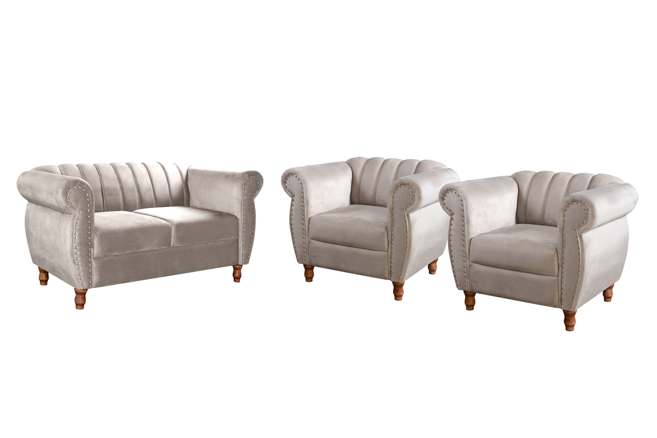 Conjunto Realeza Sofá com Poltronas Chesterfield Decoração Sala Recepção - Suede Bege Claro 