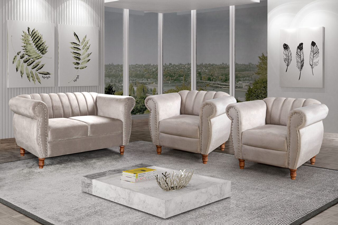 Conjunto Realeza Sofá com Poltronas Chesterfield Decoração Sala Recepção - Suede Bege Claro 