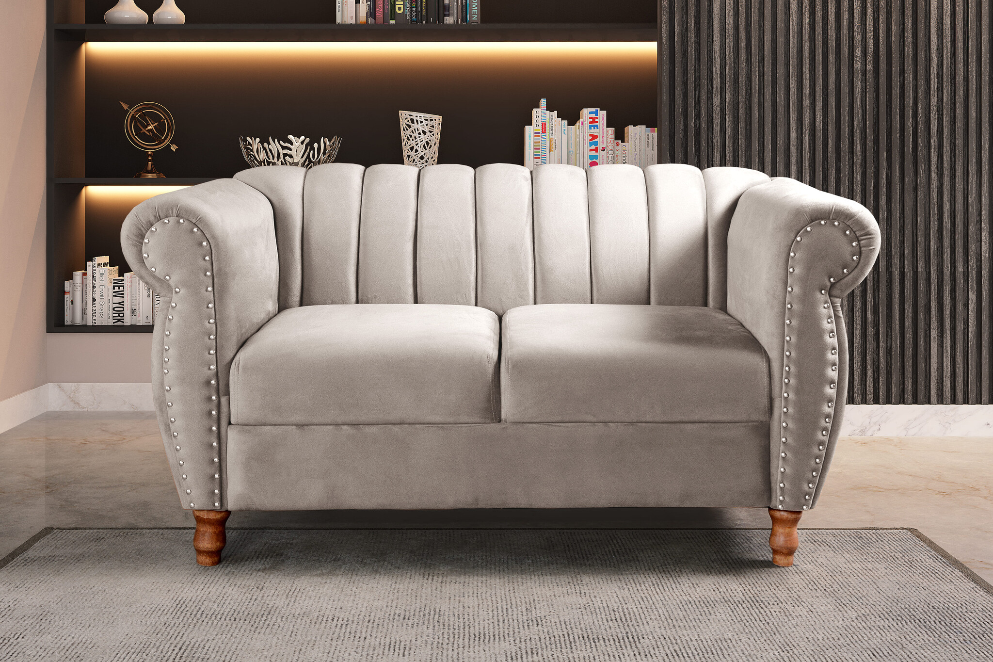 Conjunto Realeza Sofá com Poltronas Chesterfield Decoração Sala Recepção - Suede Bege Claro 