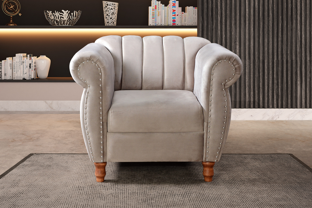 Conjunto Realeza Sofá com Poltronas Chesterfield Decoração Sala Recepção - Suede Bege Claro 