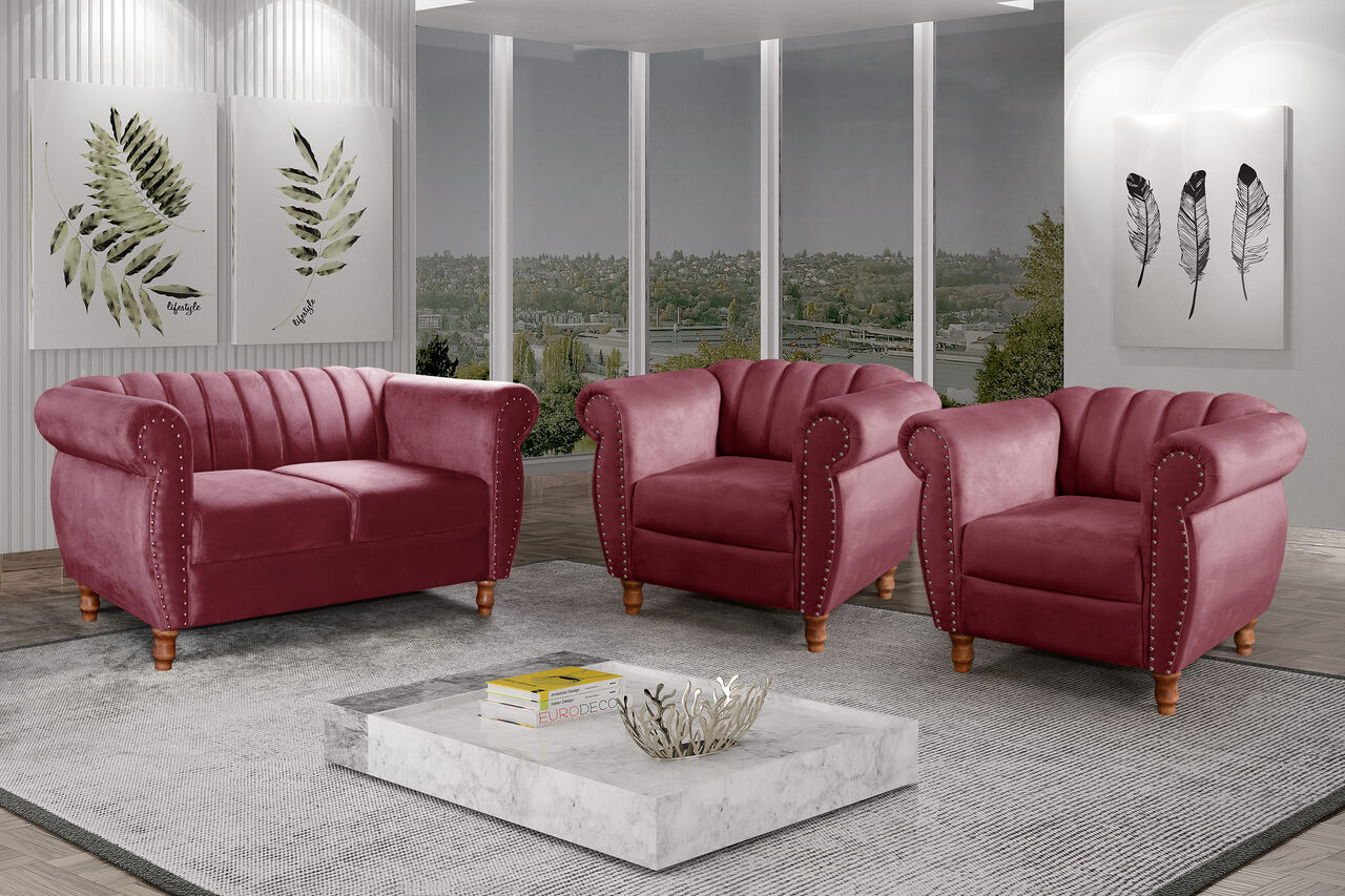 Conjunto Realeza Sofá com Poltronas Chesterfield Decoração Sala Recepção - Suede Bordô