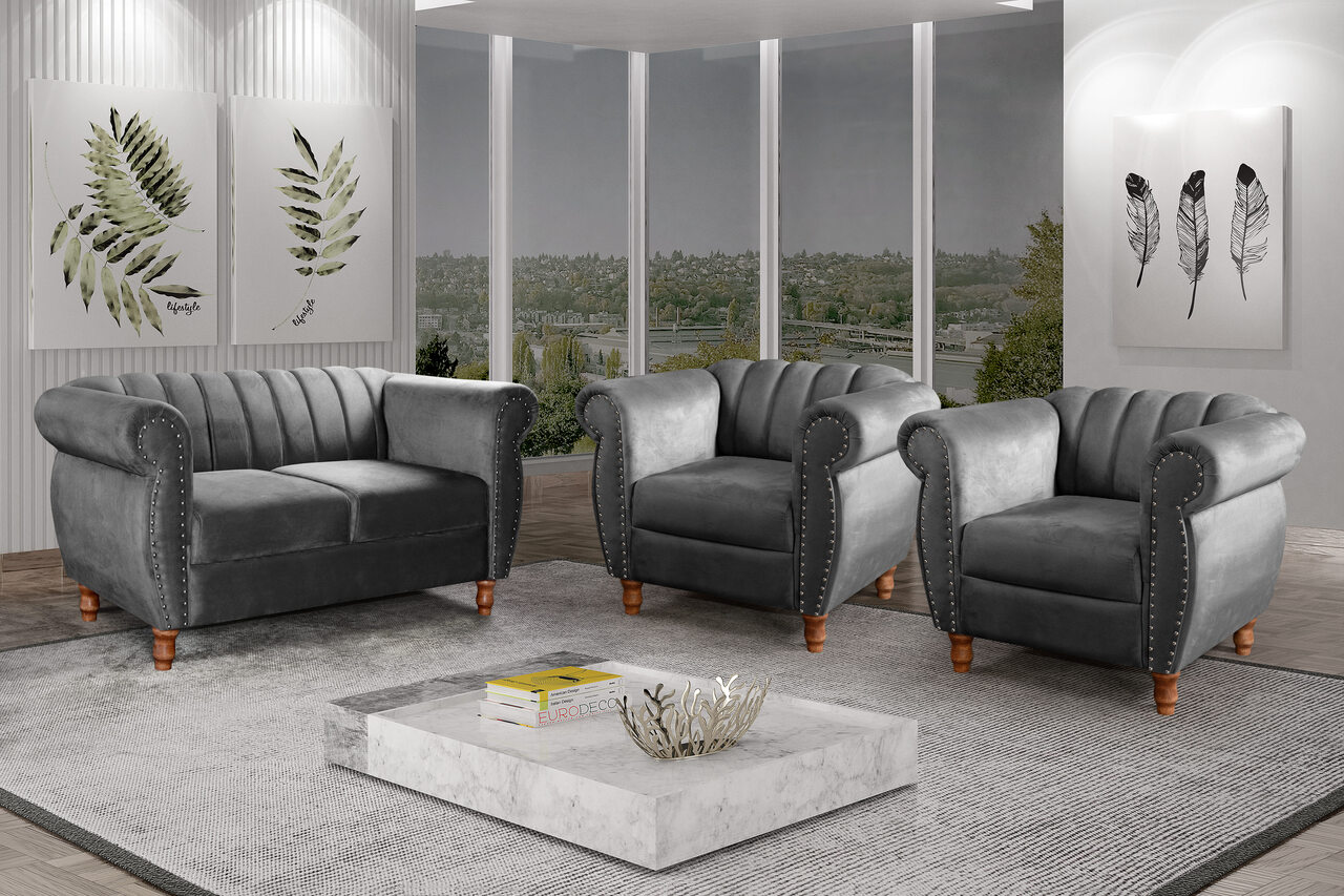 Conjunto Realeza Sofá com Poltronas Chesterfield Decoração Sala Recepção - Suede Cinza