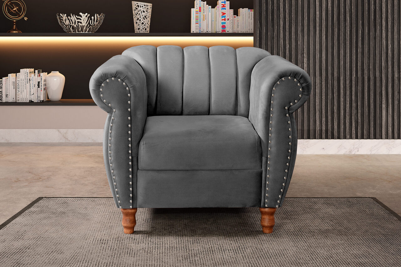 Conjunto Realeza Sofá com Poltronas Chesterfield Decoração Sala Recepção - Suede Cinza