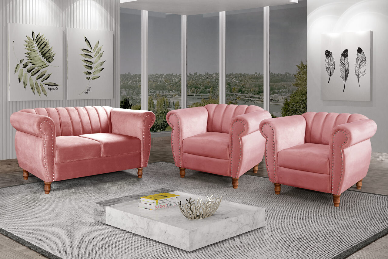 Conjunto Realeza Sofá com Poltronas Chesterfield Decoração Sala Recepção - Suede Rosa
