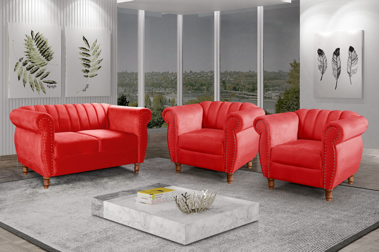 Conjunto Realeza Sofá com Poltronas Chesterfield Decoração Sala Recepção - Suede Vermelho