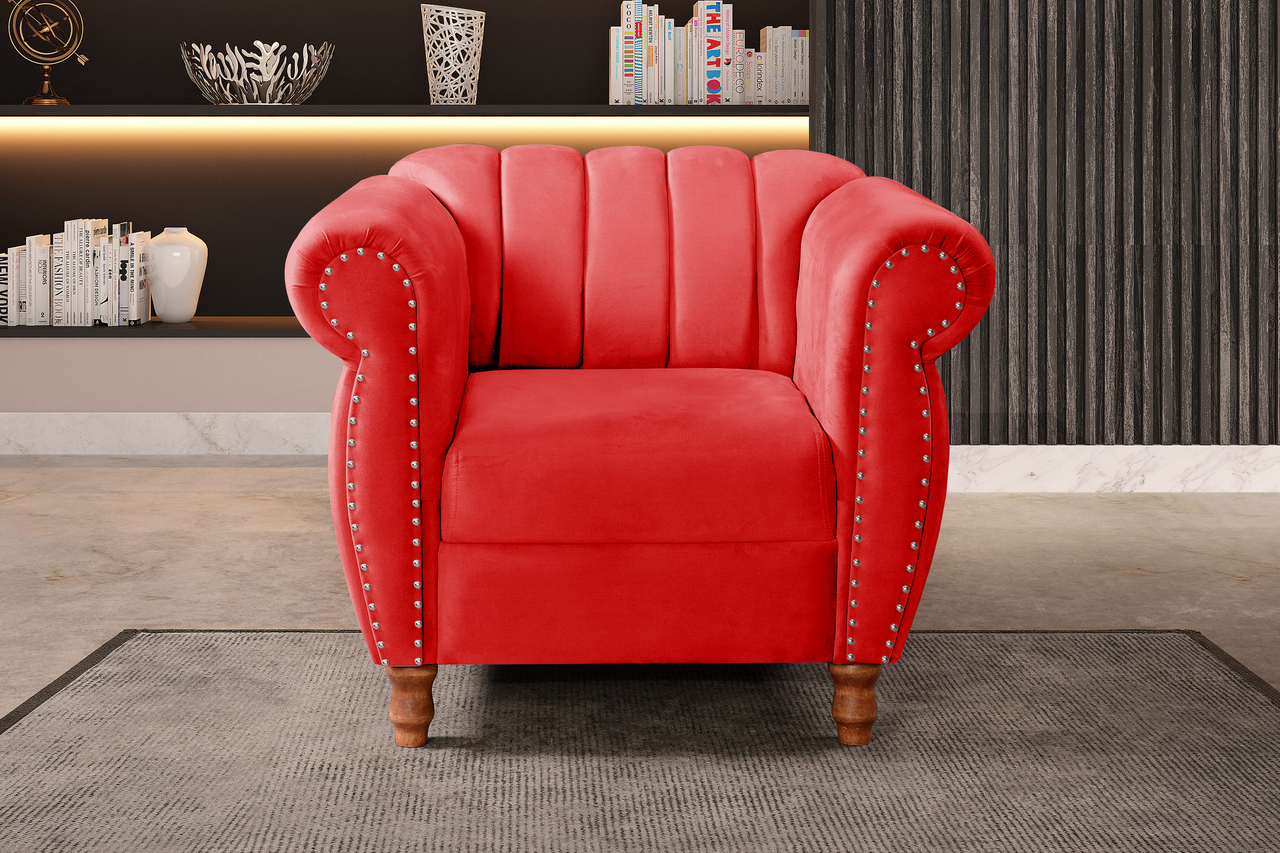 Conjunto Realeza Sofá com Poltronas Chesterfield Decoração Sala Recepção - Suede Vermelho