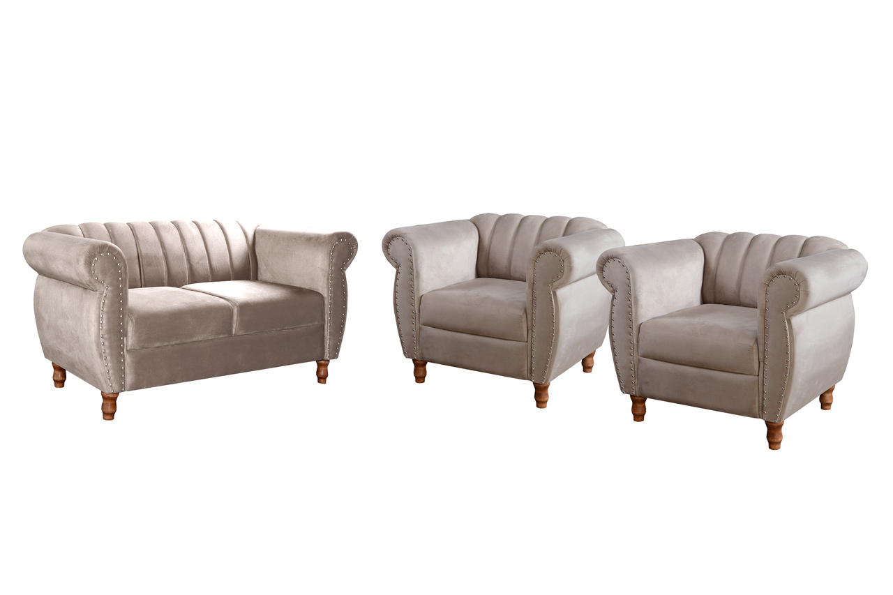 Conjunto Realeza Sofá com Poltronas Chesterfield Decoração Sala Recepção - Veludo Capuccino 