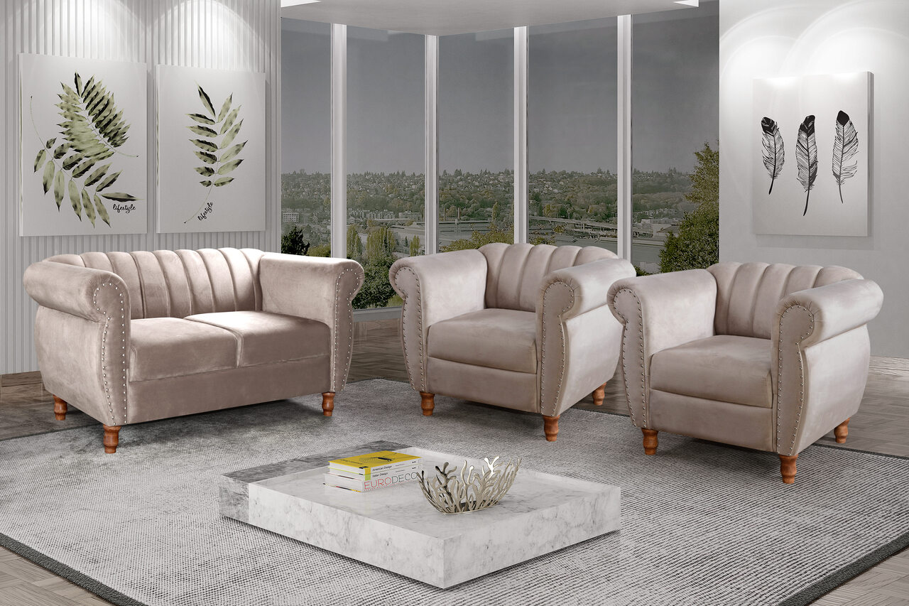 Conjunto Realeza Sofá com Poltronas Chesterfield Decoração Sala Recepção - Veludo Capuccino 