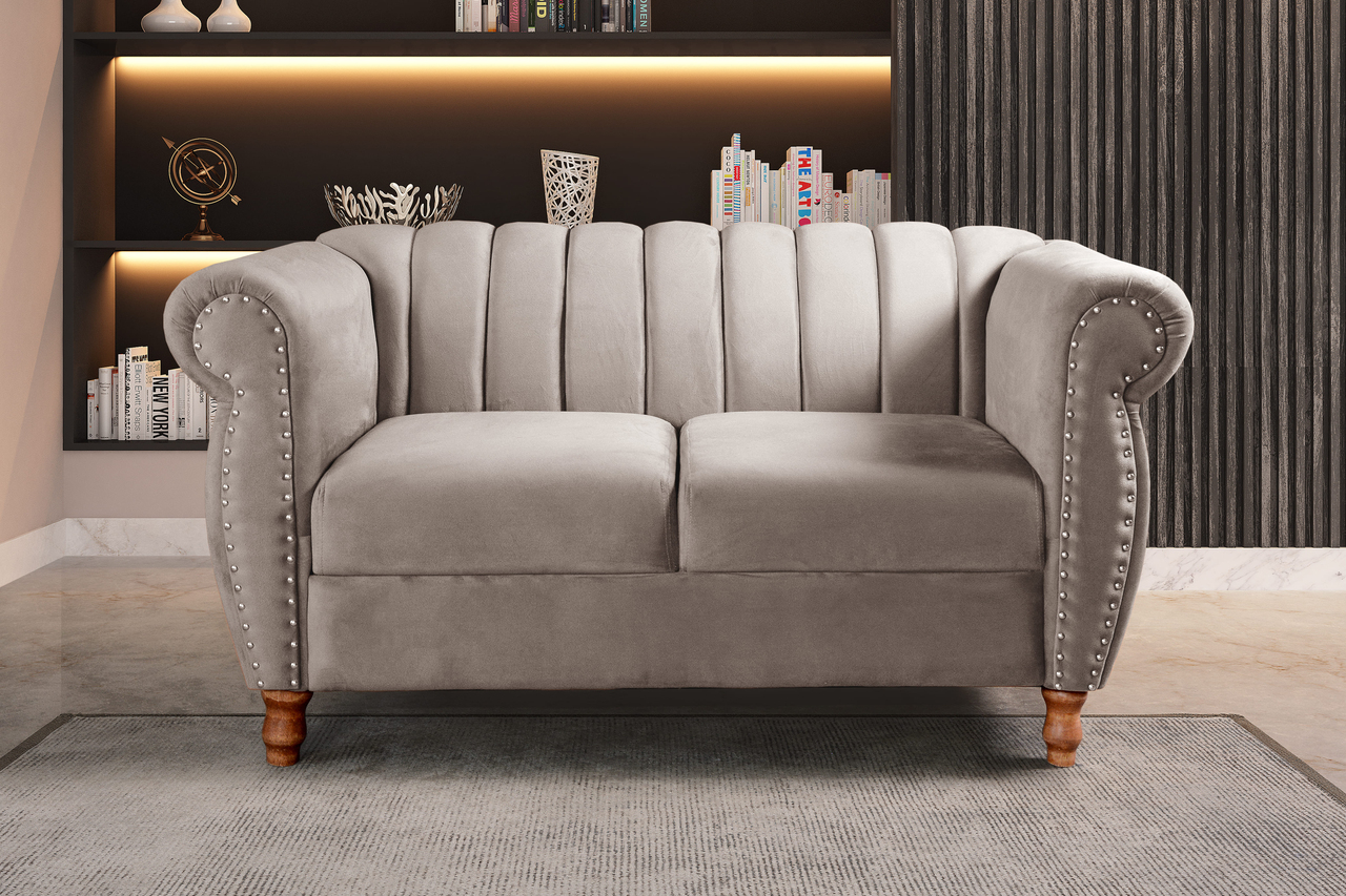 Conjunto Realeza Sofá com Poltronas Chesterfield Decoração Sala Recepção - Veludo Capuccino 