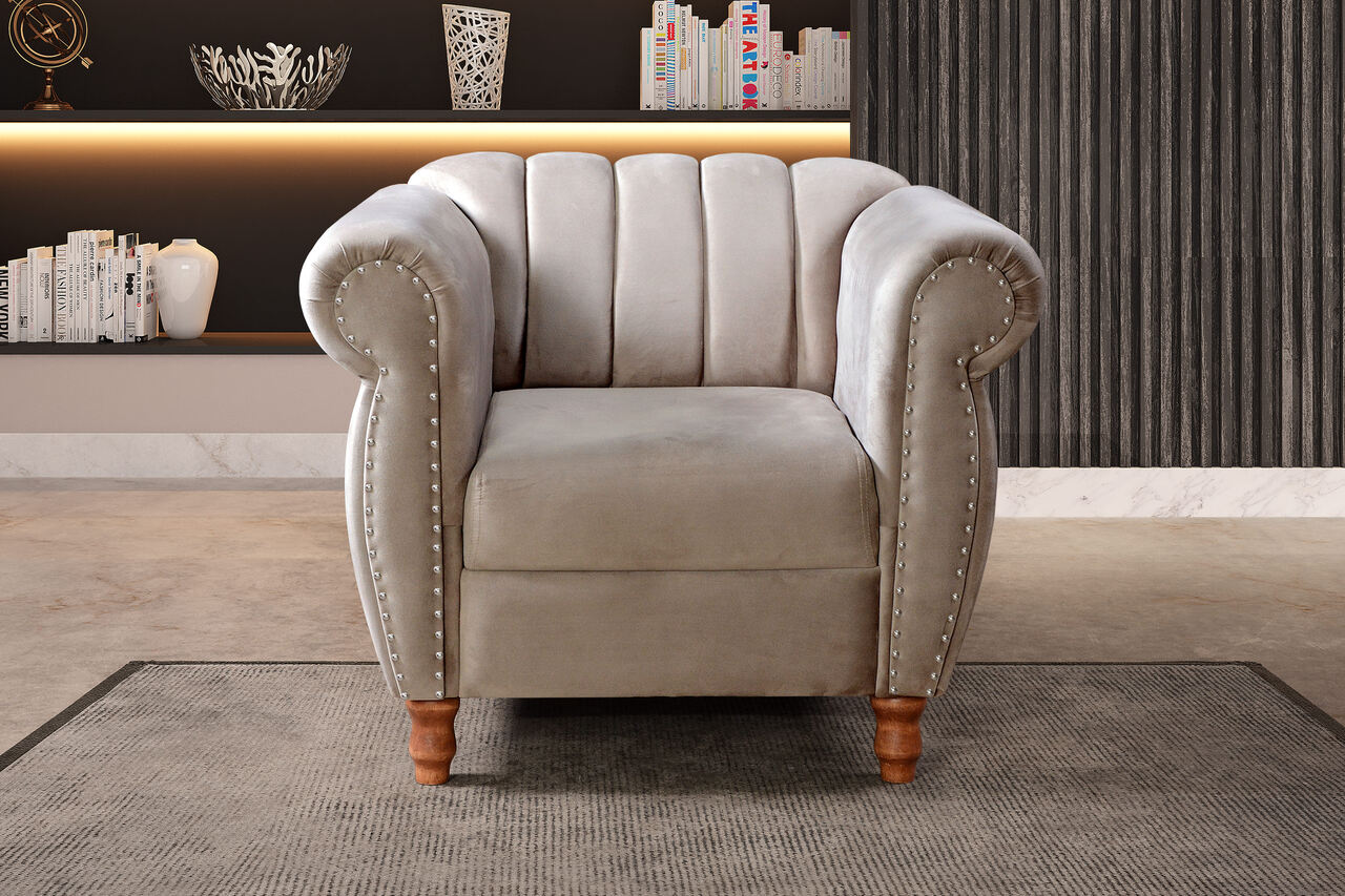 Conjunto Realeza Sofá com Poltronas Chesterfield Decoração Sala Recepção - Veludo Capuccino 