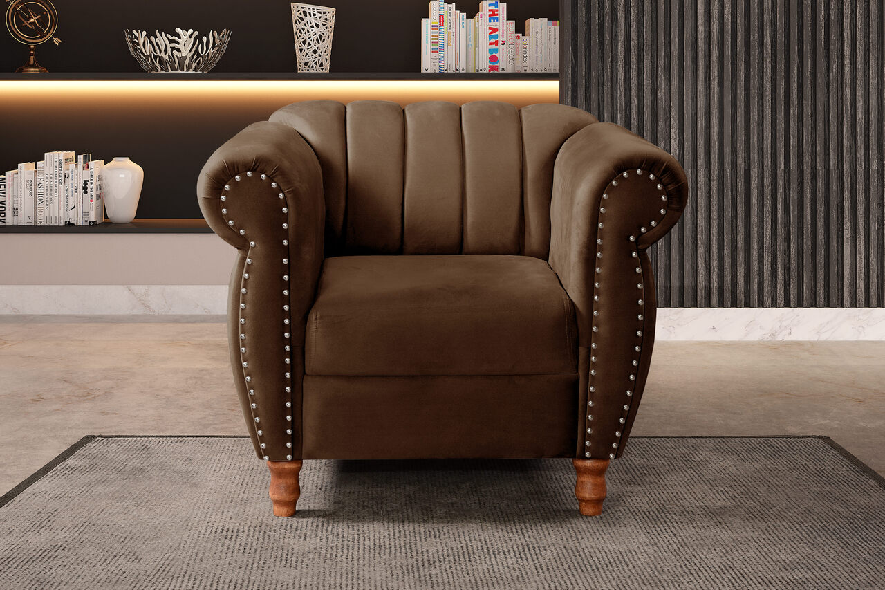 Conjunto Realeza Sofá com Poltronas Chesterfield Decoração Sala Recepção - Veludo Marrom