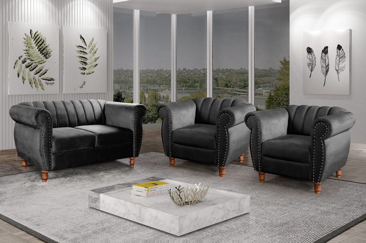 Conjunto Realeza Sofá com Poltronas Chesterfield Decoração Sala Recepção - Veludo Preto