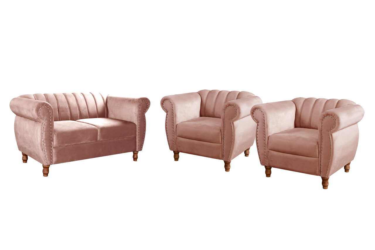 Conjunto Realeza Sofá com Poltronas Chesterfield Decoração Sala Recepção - Veludo Rosê 