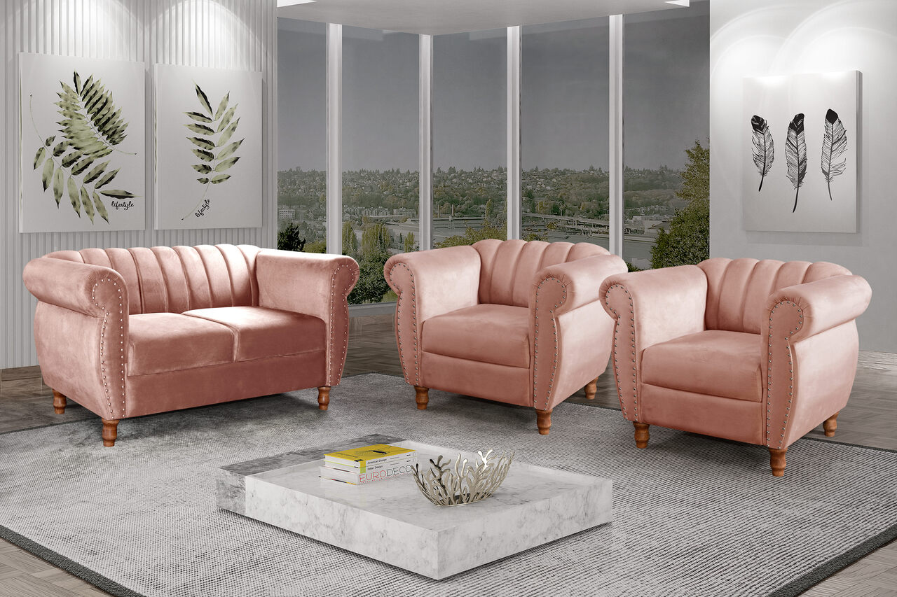 Conjunto Realeza Sofá com Poltronas Chesterfield Decoração Sala Recepção - Veludo Rosê 