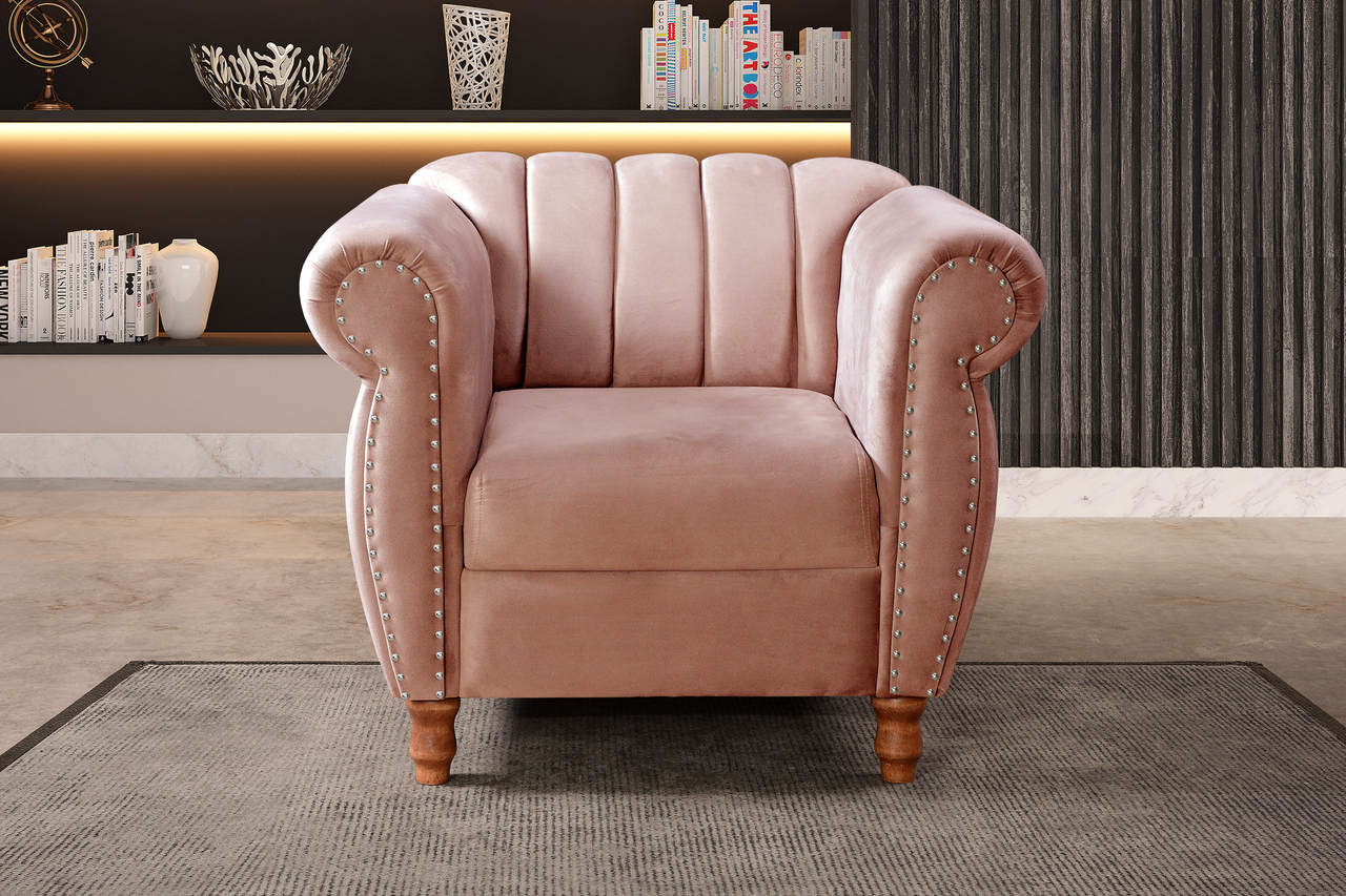 Conjunto Realeza Sofá com Poltronas Chesterfield Decoração Sala Recepção - Veludo Rosê 