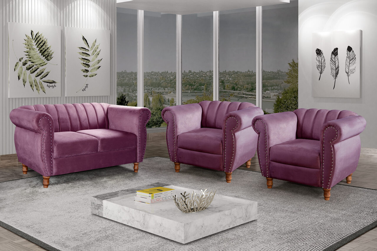 Conjunto Realeza Sofá com Poltronas Chesterfield Decoração Sala Recepção - Veludo Roxo
