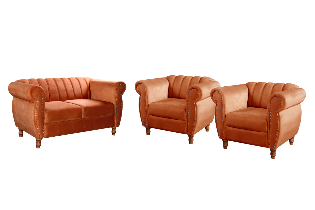 Conjunto Realeza Sofá com Poltronas Chesterfield Decoração Sala Recepção - Veludo Terracota 