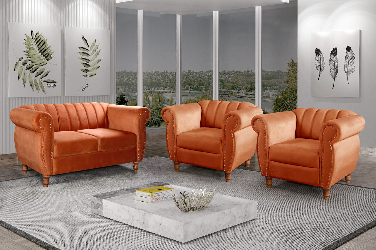 Conjunto Realeza Sofá com Poltronas Chesterfield Decoração Sala Recepção - Veludo Terracota 