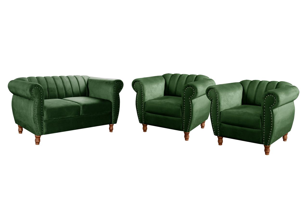 Conjunto Realeza Sofá com Poltronas Chesterfield Decoração Sala Recepção - Veludo Verde 