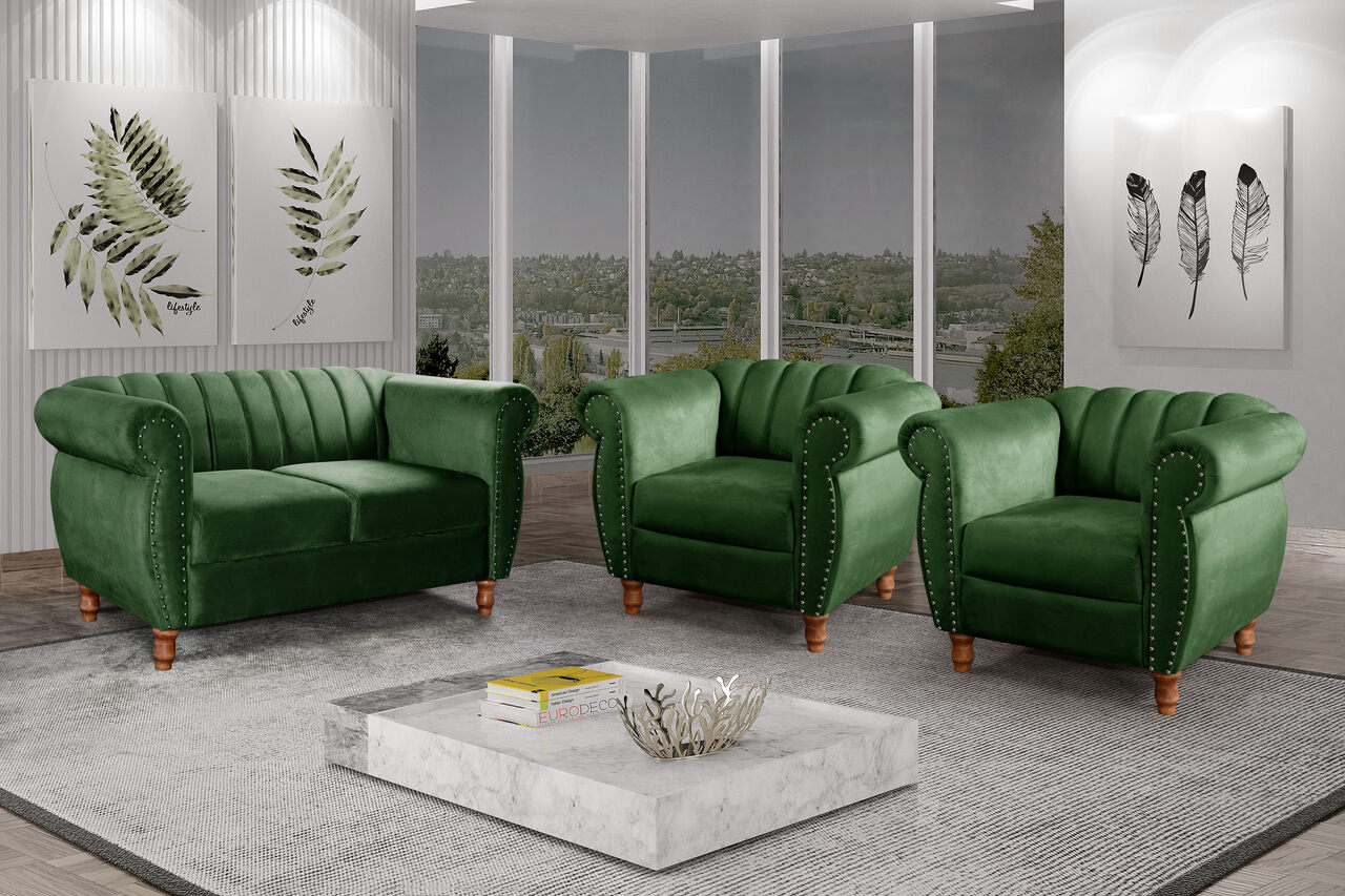 Conjunto Realeza Sofá com Poltronas Chesterfield Decoração Sala Recepção - Veludo Verde 