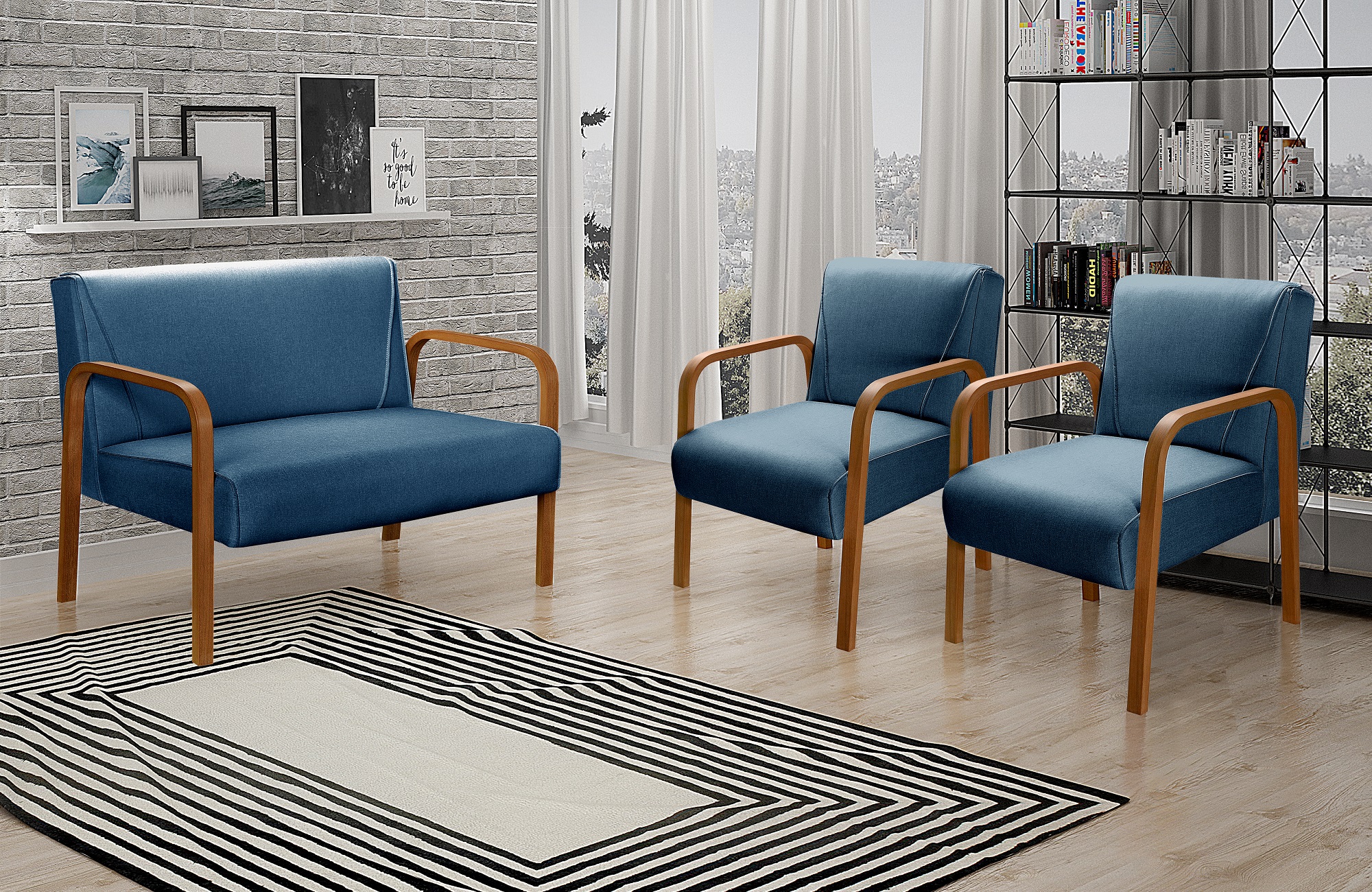Conjunto Sofá 2 Lugares E 2 Poltronas Decorativas Anita - Linho Azul