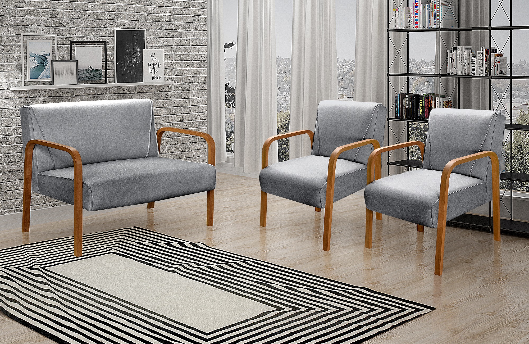Conjunto Sofá 2 Lugares E 2 Poltronas Decorativas Anita - Linho Cinza