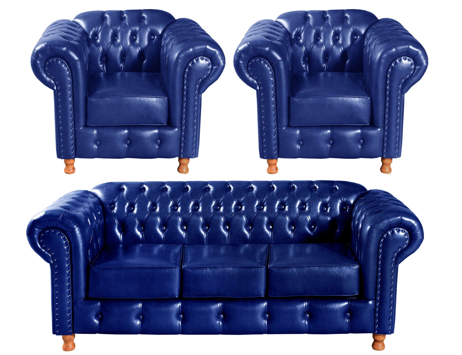 Conjunto Sofá 3 Lugares Chesterfield Capitonê E 2 Poltronas Luís Xv - Couríssimo Azul