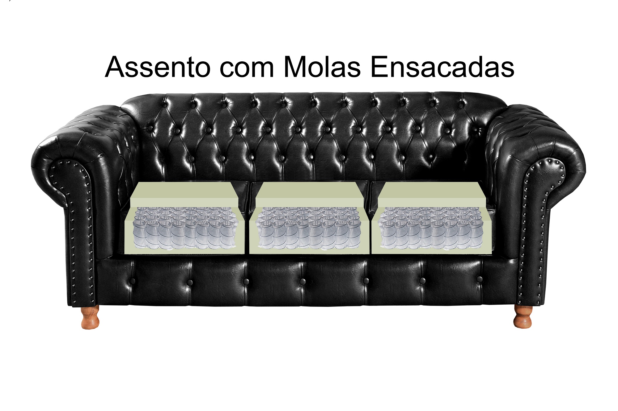 Conjunto Sofá 3 Lugares Chesterfield Capitonê E 2 Poltronas Luís Xv - Couríssimo Preto