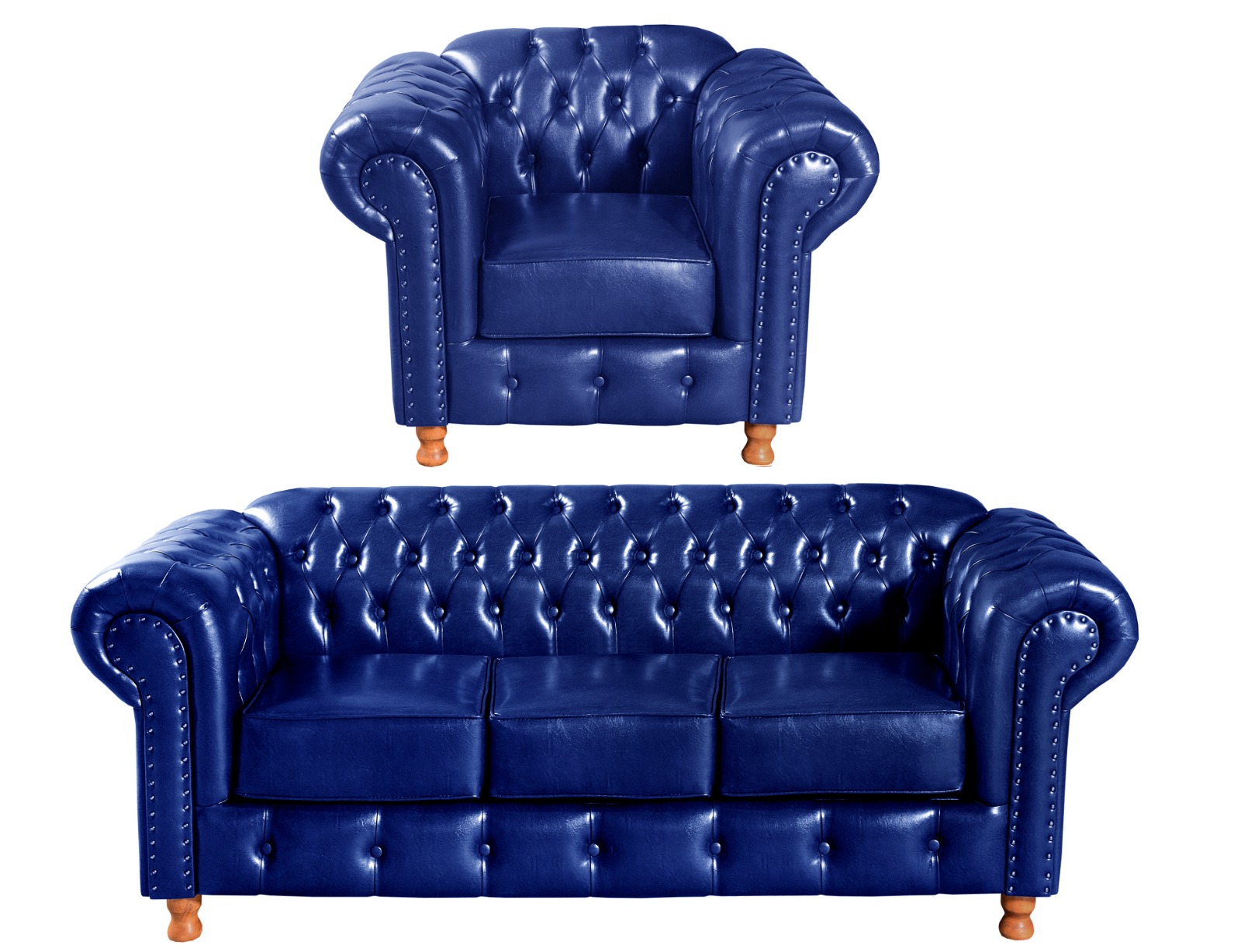 Conjunto Sofá 3 Lugares Chesterfield Capitonê E Poltrona Luís Xv - Couríssimo Azul