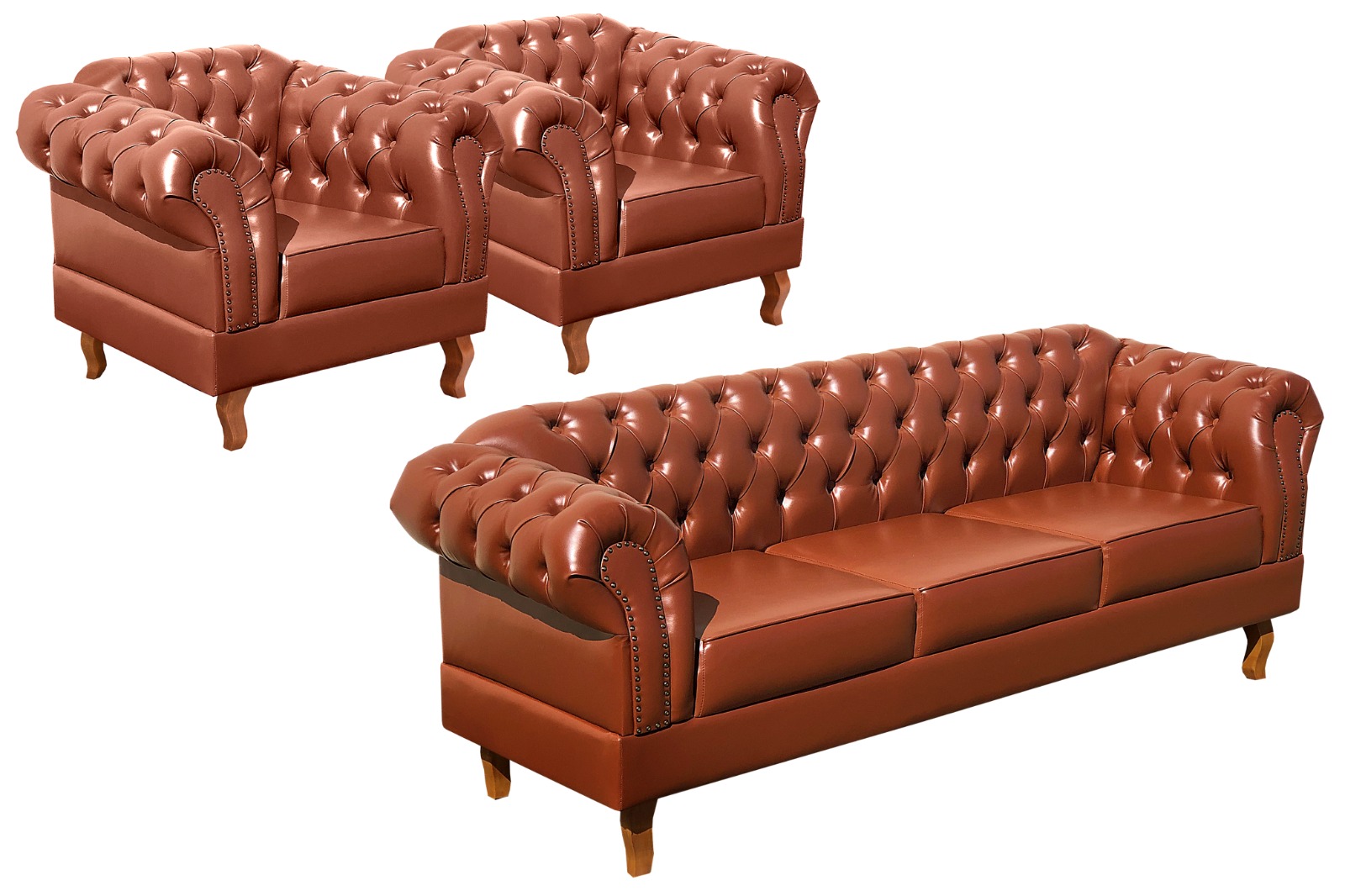 Conjunto Sofá Chesterfield 3 Lugares E 2 Poltronas Dom Pedro - Couríssimo Caramelo