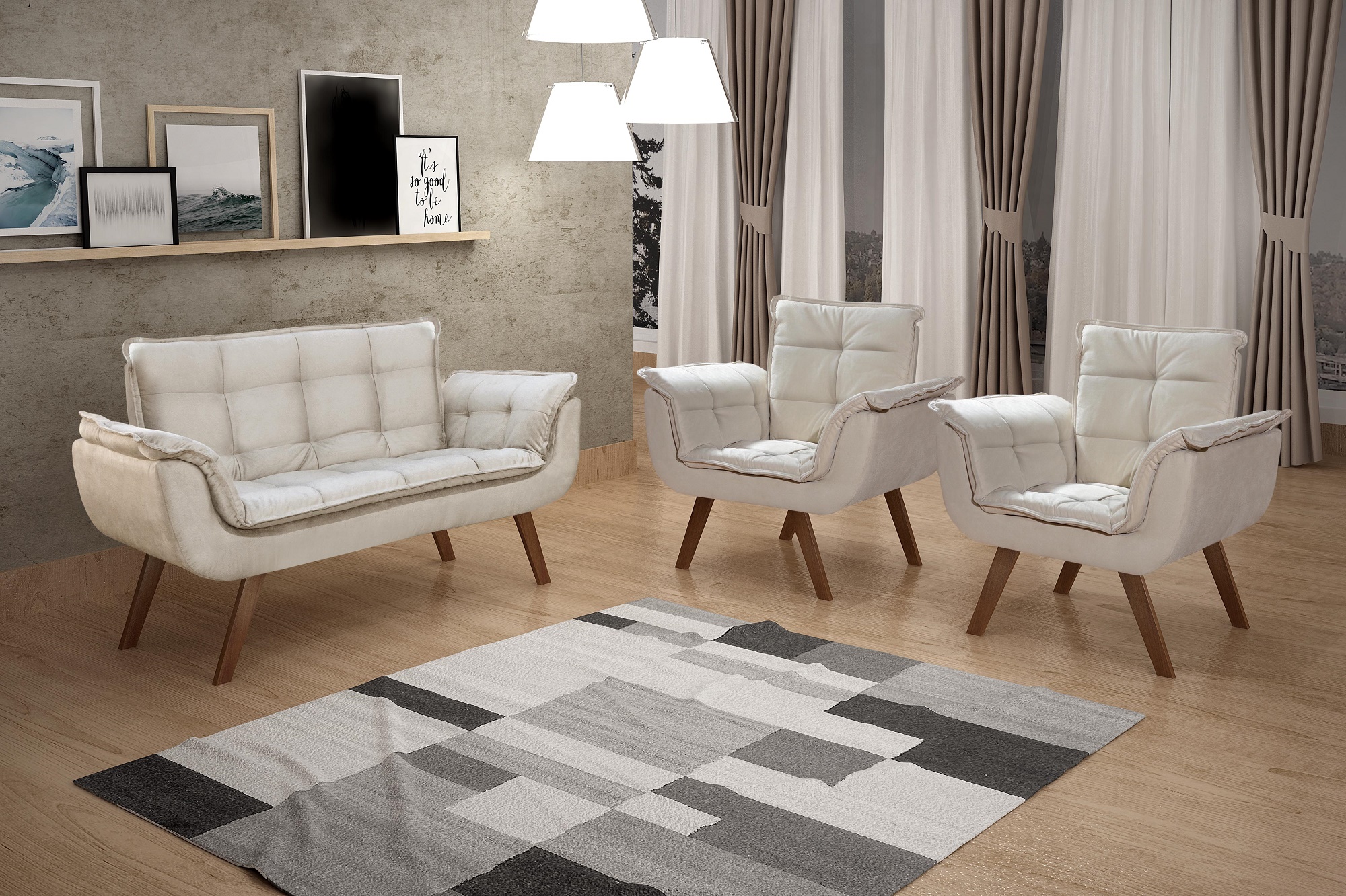 Conjunto de Poltronas Decorativas Bella Opala 3 Peças - Suede Bege