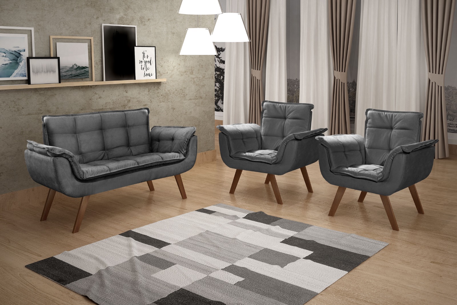 Conjunto de Poltronas Decorativas Bella Opala 3 Peças - Suede Cinza