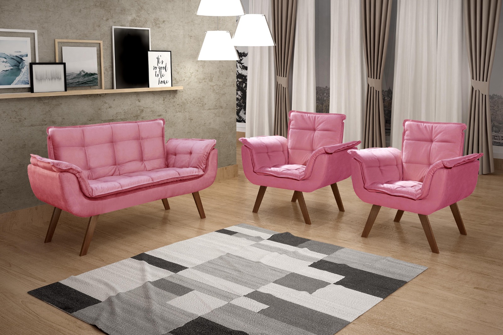 Conjunto de Poltronas Decorativas Bella Opala 3 Peças - Suede Rosa