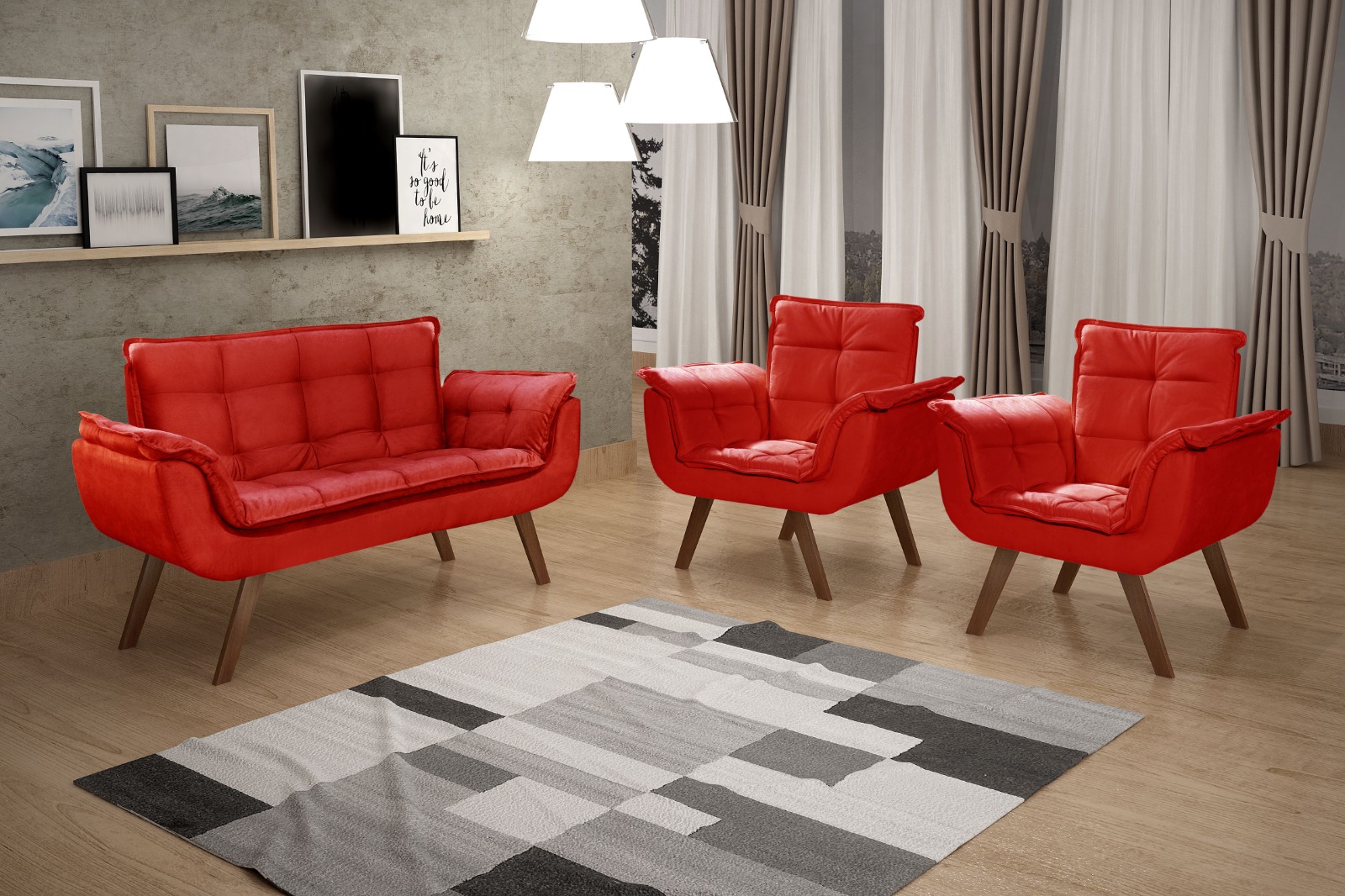 Conjunto de Poltronas Decorativas Bella Opala 3 Peças - Suede Vermelho
