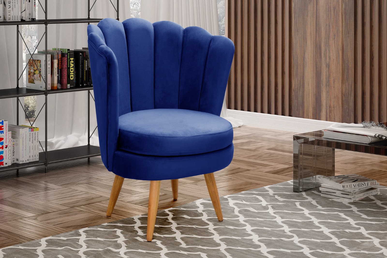 Kit 02 Poltronas Decorativa Pétala Pés Palito - Suede Azul Marinho