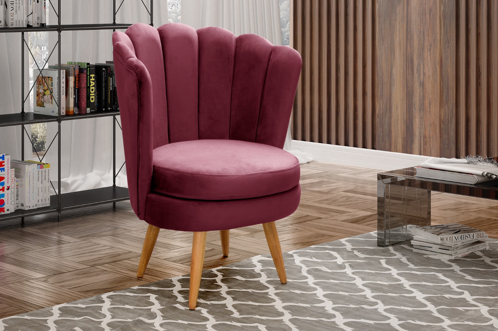 Kit 02 Poltronas Decorativa Pétala Pés Palito - Suede Bordô