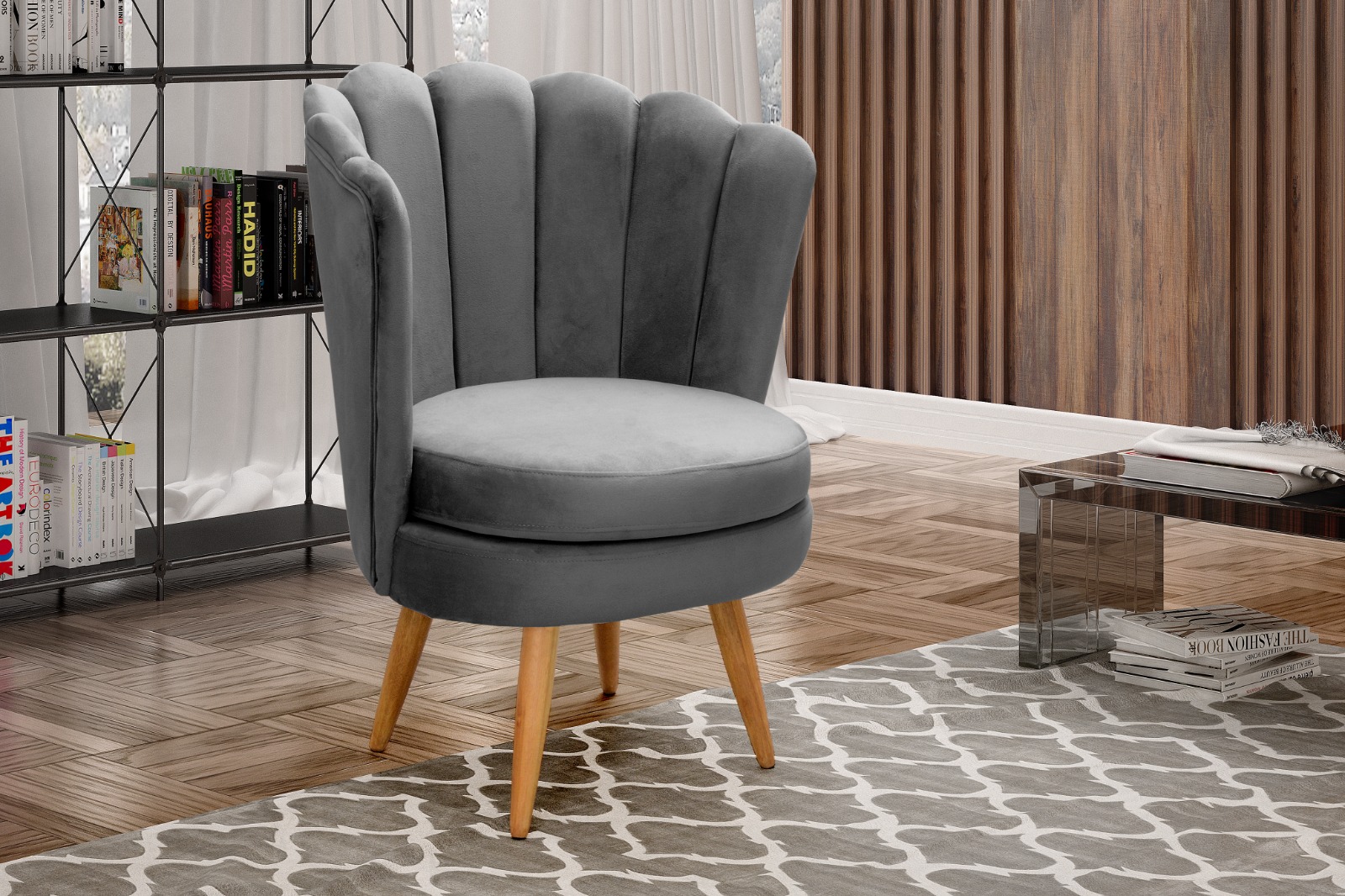 Kit 02 Poltronas Decorativa Pétala Pés Palito - Suede Cinza
