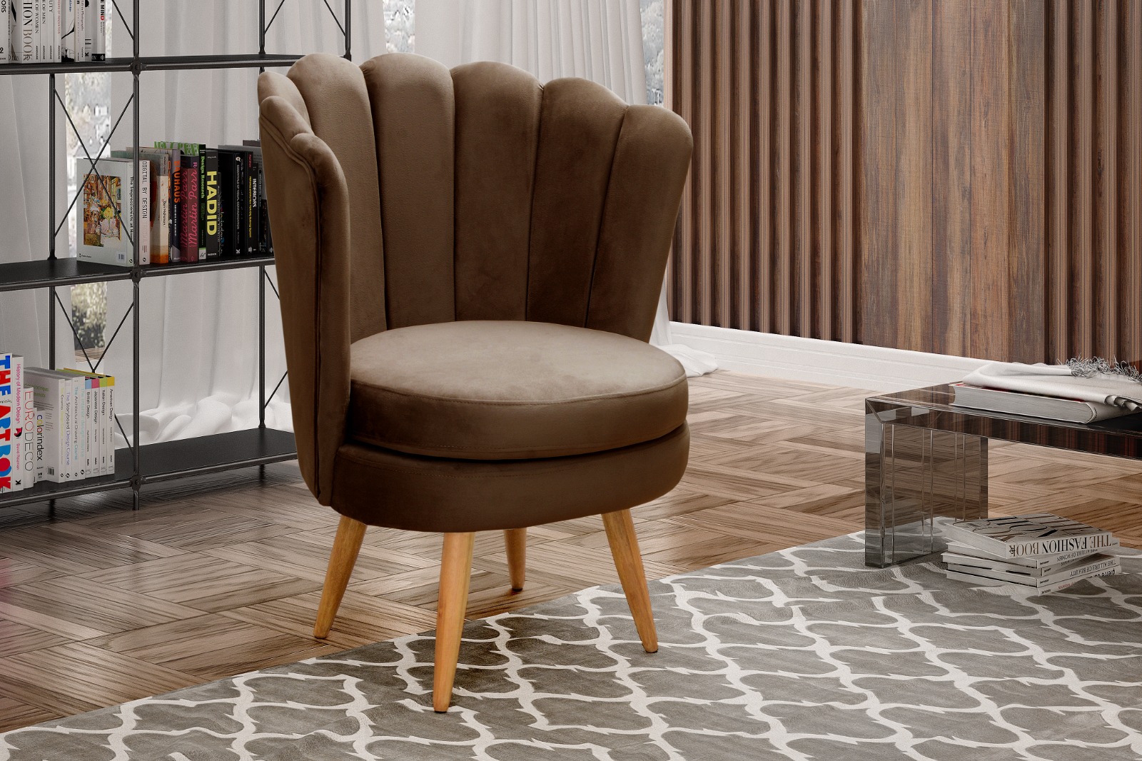 Kit 02 Poltronas Decorativa Pétala Pés Palito - Veludo Marrom