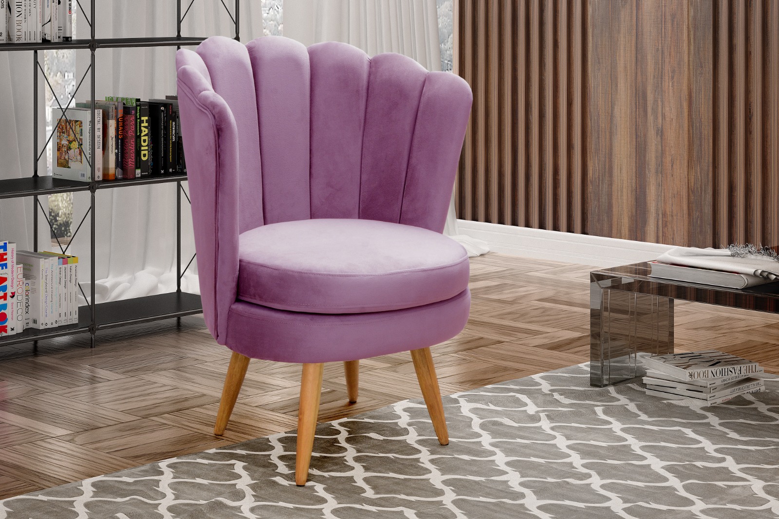 Kit 02 Poltronas Decorativa Pétala Pés Palito - Veludo Roxo