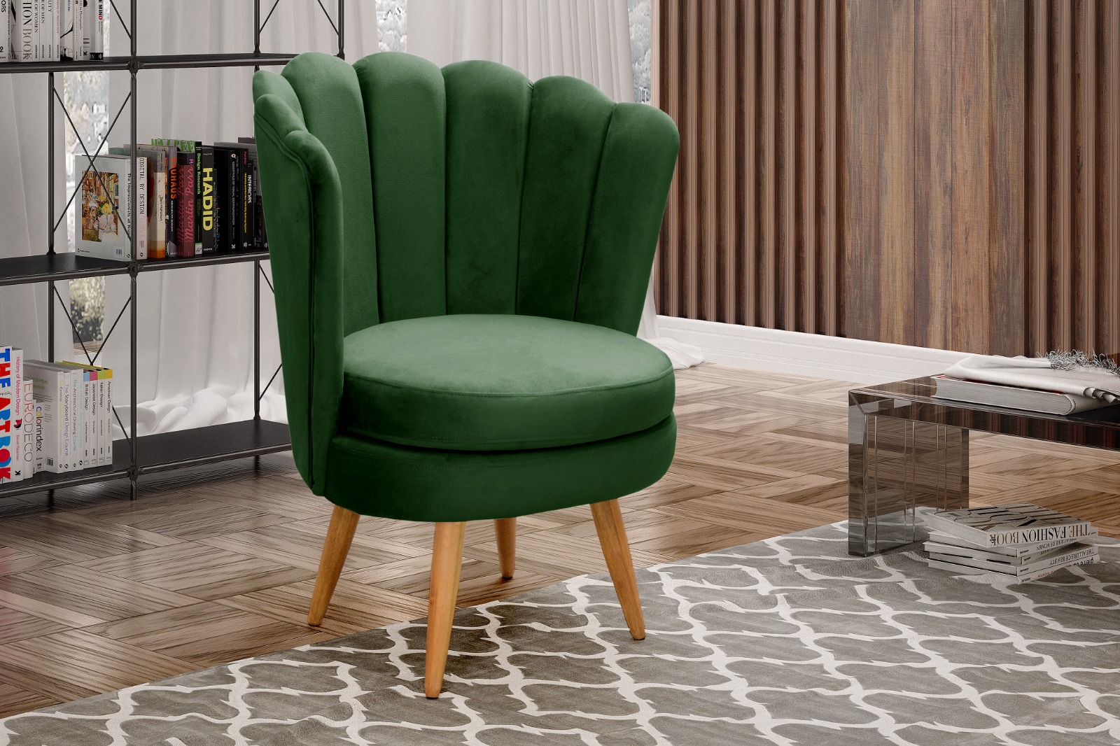 Kit 02 Poltronas Decorativa Pétala Pés Palito - Veludo Verde