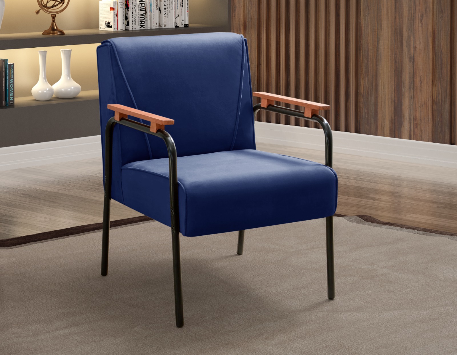 Kit 02 Poltronas Decorativas Jade Braço Fixo Preto - Suede Azul