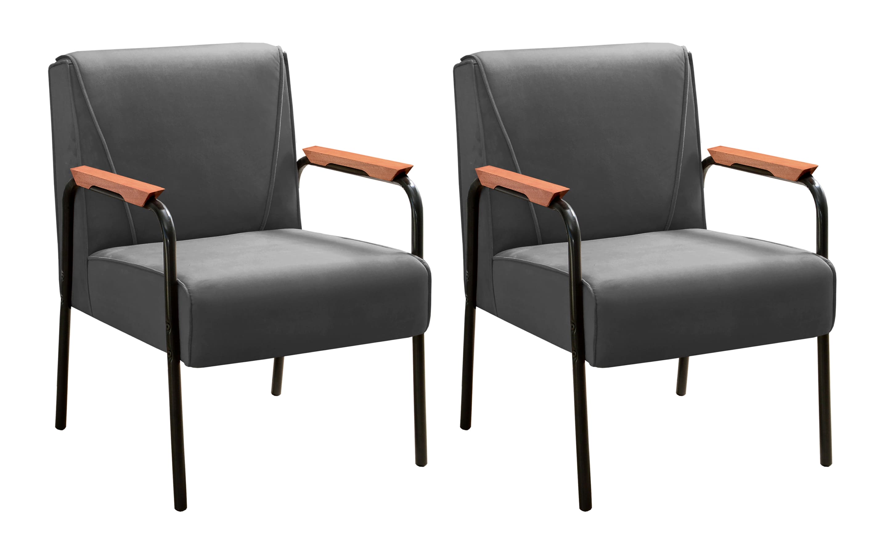 Kit 02 Poltronas Decorativas Jade Braço Fixo Preto - Suede Cinza