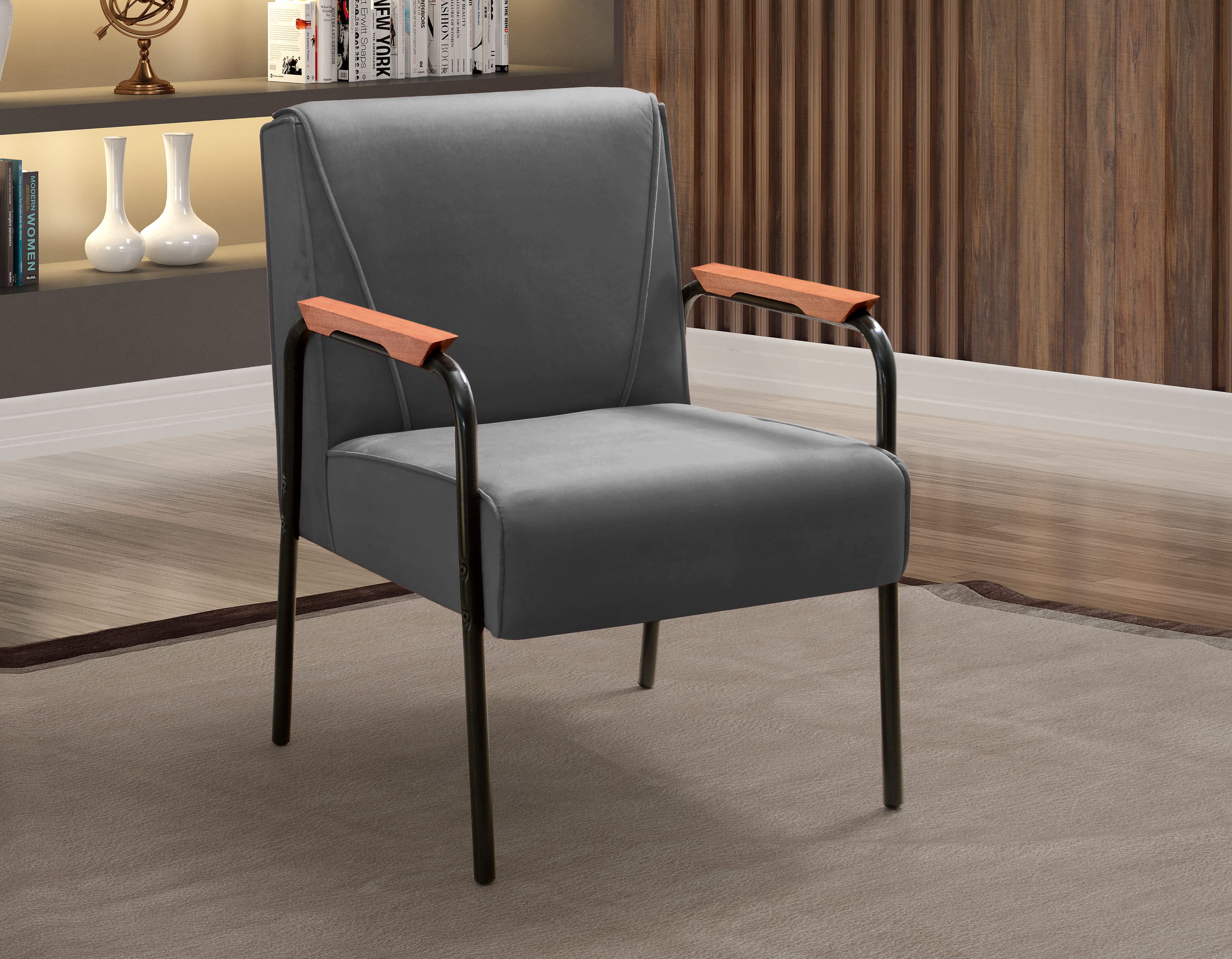 Kit 02 Poltronas Decorativas Jade Braço Fixo Preto - Suede Cinza
