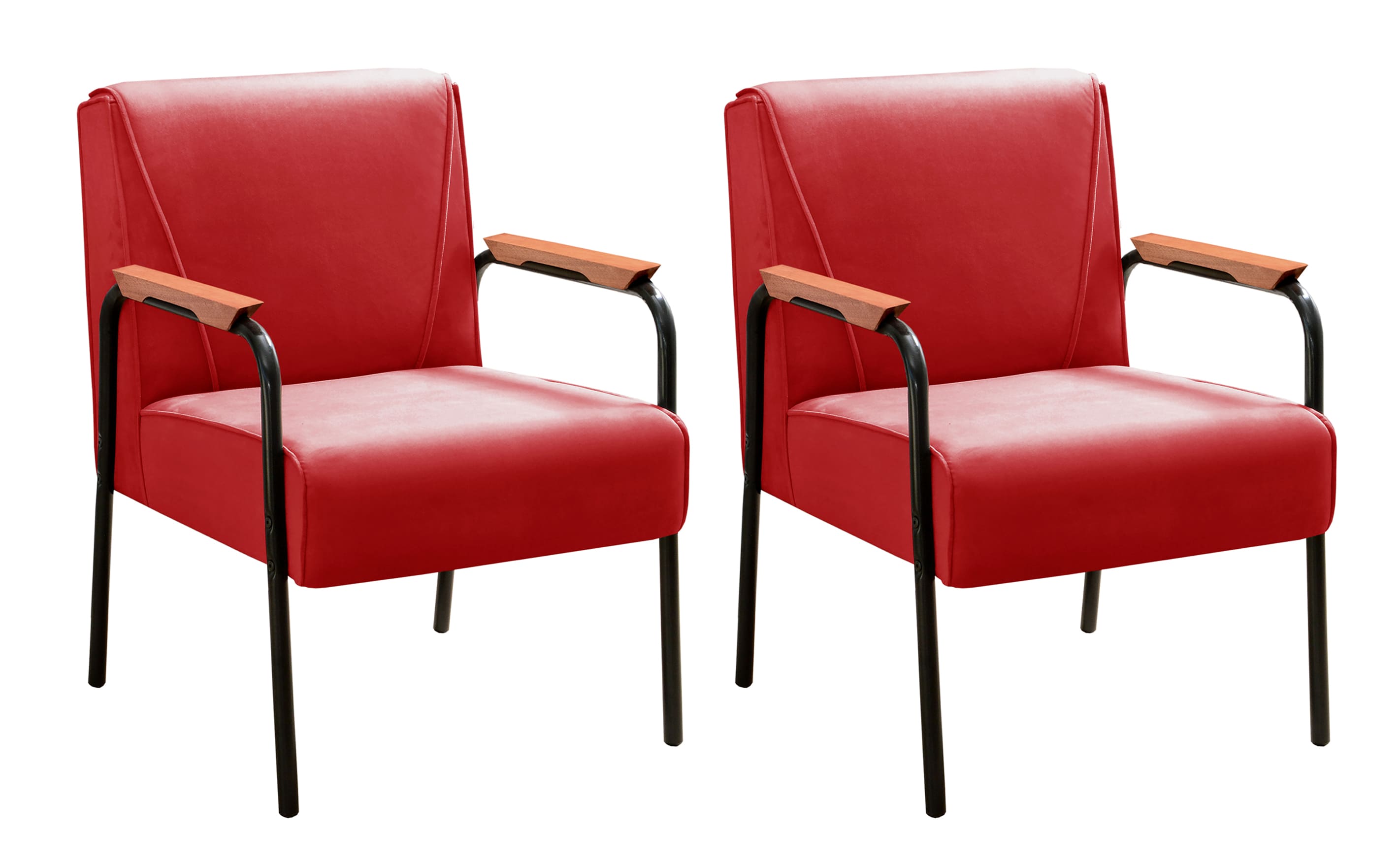 Kit 02 Poltronas Decorativas Jade Braço Fixo Preto - Suede Vermelho