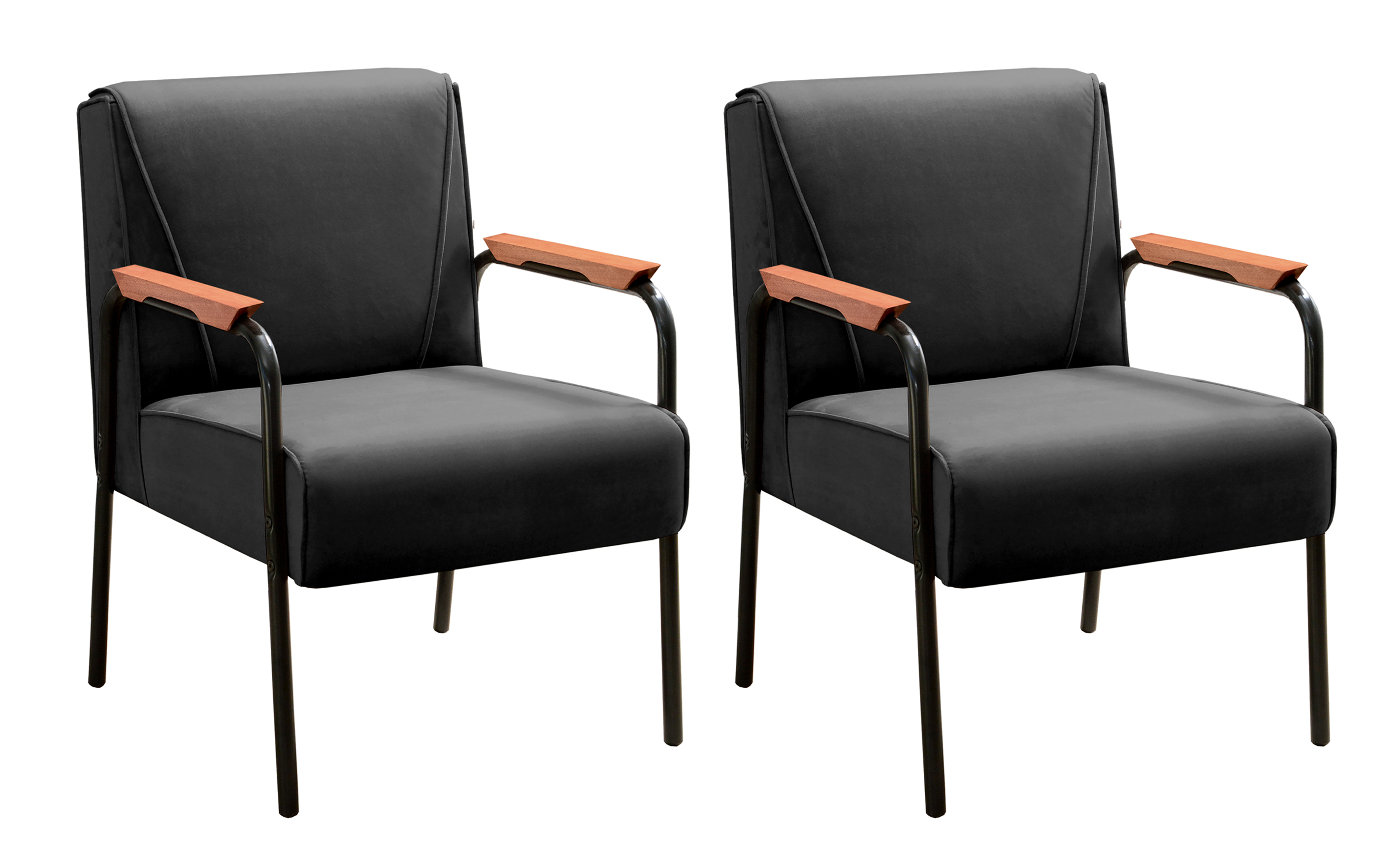 Kit 02 Poltronas Decorativas Jade Braço Fixo Preto - Veludo Preto
