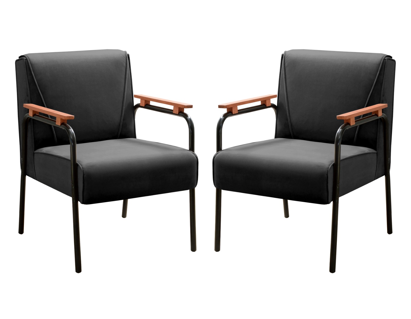 Kit 02 Poltronas Decorativas Jade Braço Fixo Preto - Veludo Preto