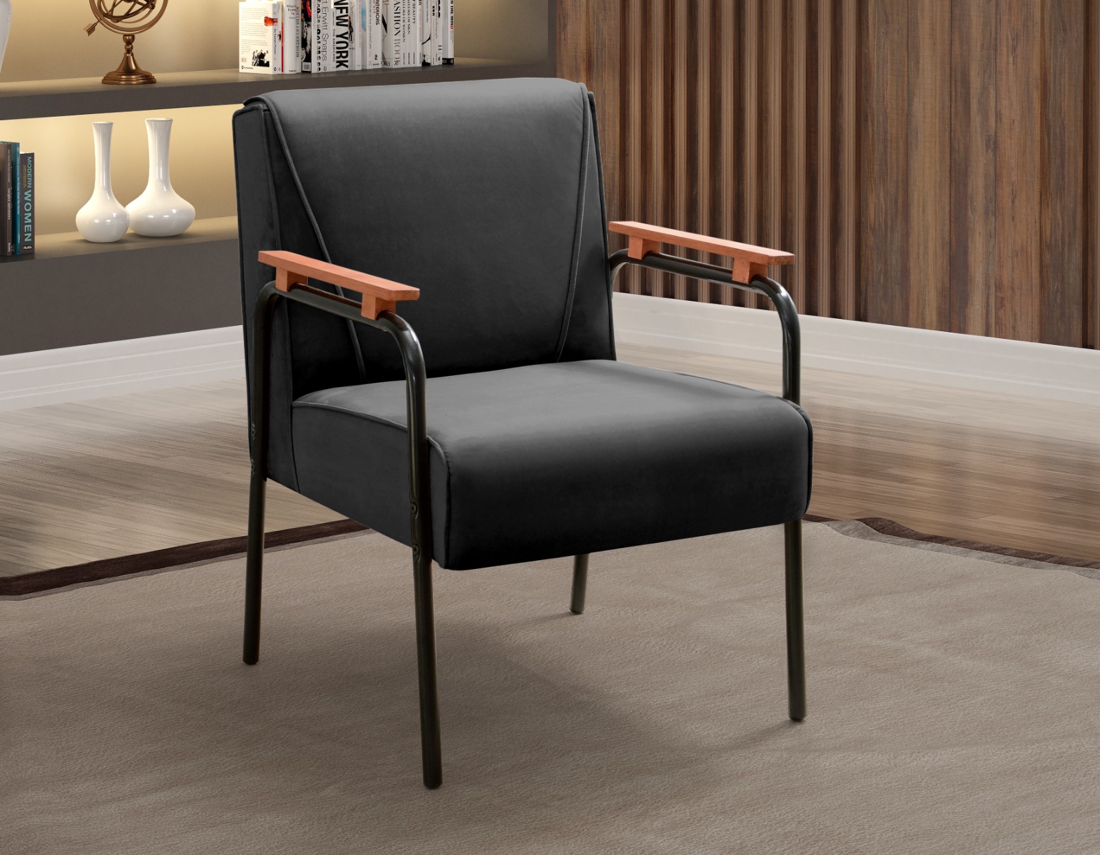Kit 02 Poltronas Decorativas Jade Braço Fixo Preto - Veludo Preto