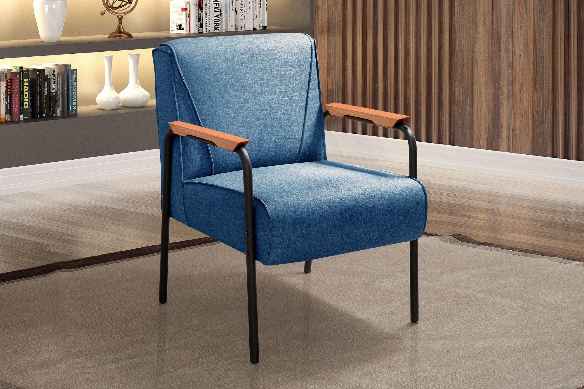 Kit 04 Poltronas Decorativas Jade Braço Fixo Preto - Linho Azul