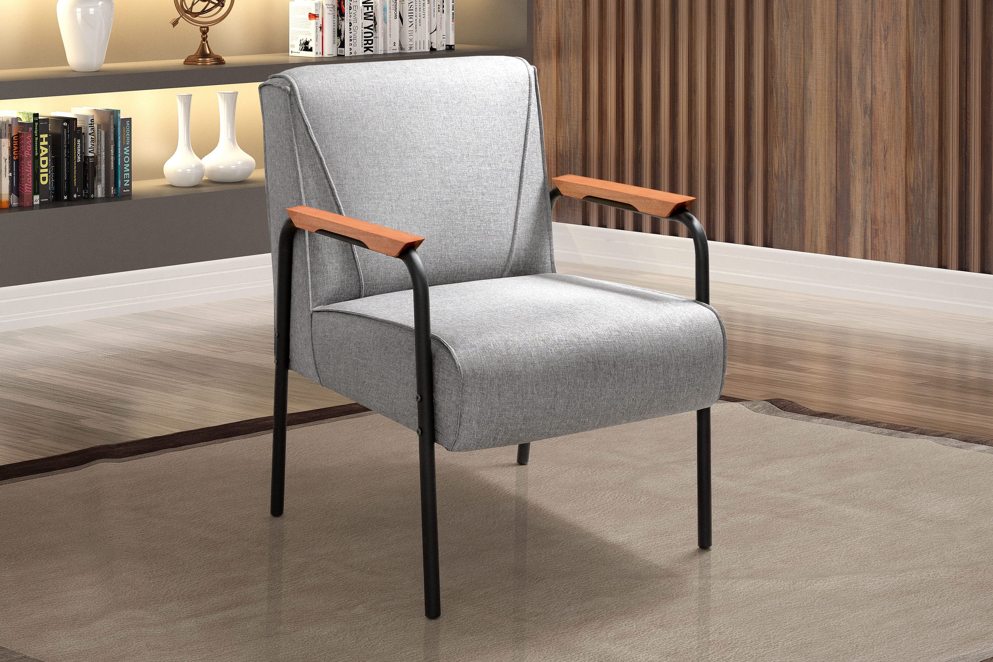 Kit 04 Poltronas Decorativas Jade Braço Fixo Preto - Linho Cinza